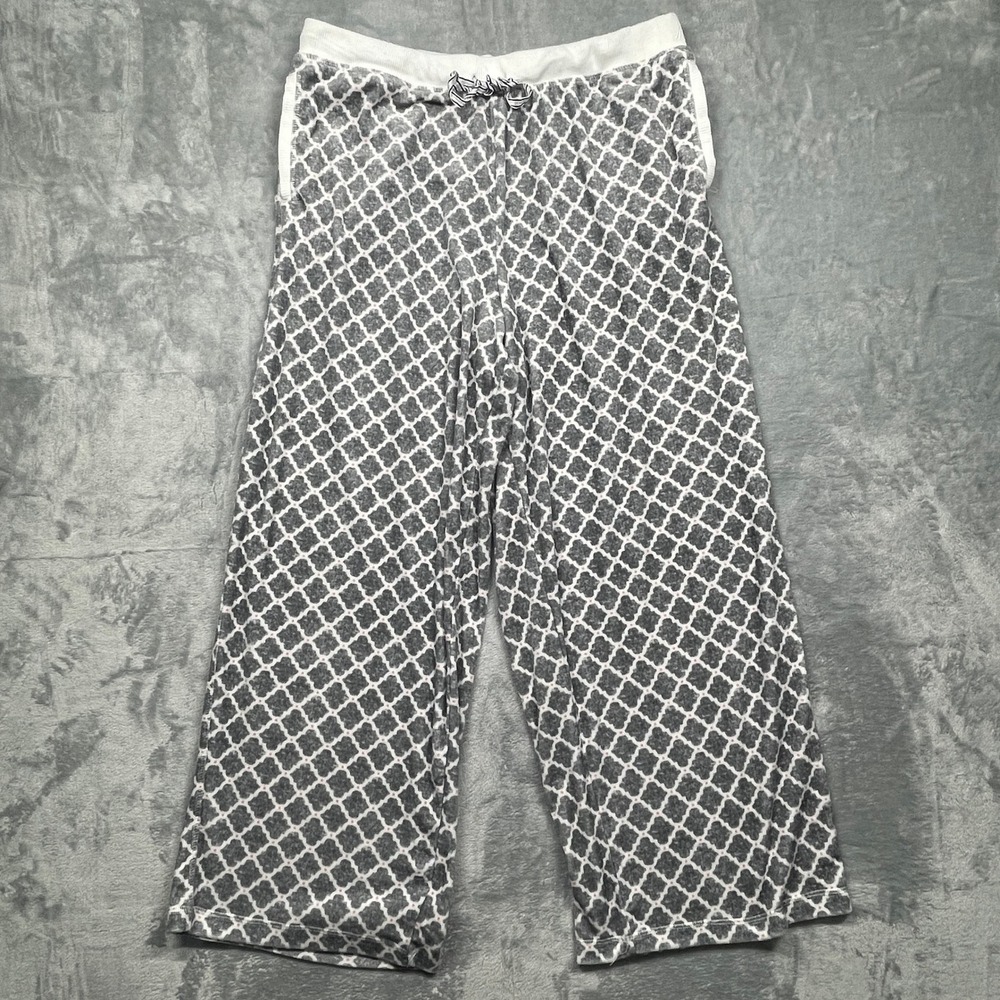 Nautica Pajama Pants Women XL Grey White Quatrefoil Fleece Wide Leg Pockets